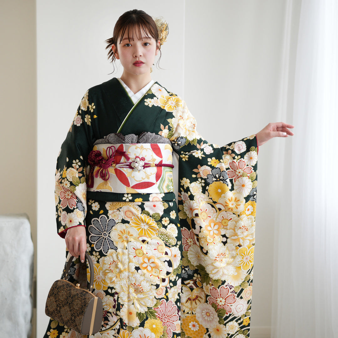 レンタル】振袖 正絹着物+袋帯 21点セット 絵羽 深緑に古典花霞