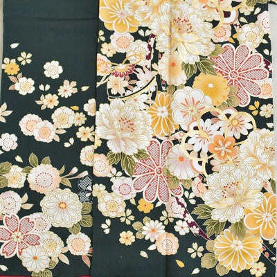 【レンタル】振袖 正絹着物+袋帯 21点セット 絵羽 深緑に古典花霞（1000626100）