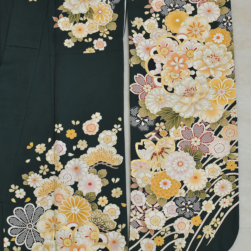 【レンタル】振袖 正絹着物+袋帯 21点セット 絵羽 深緑に古典花霞（1000626100）