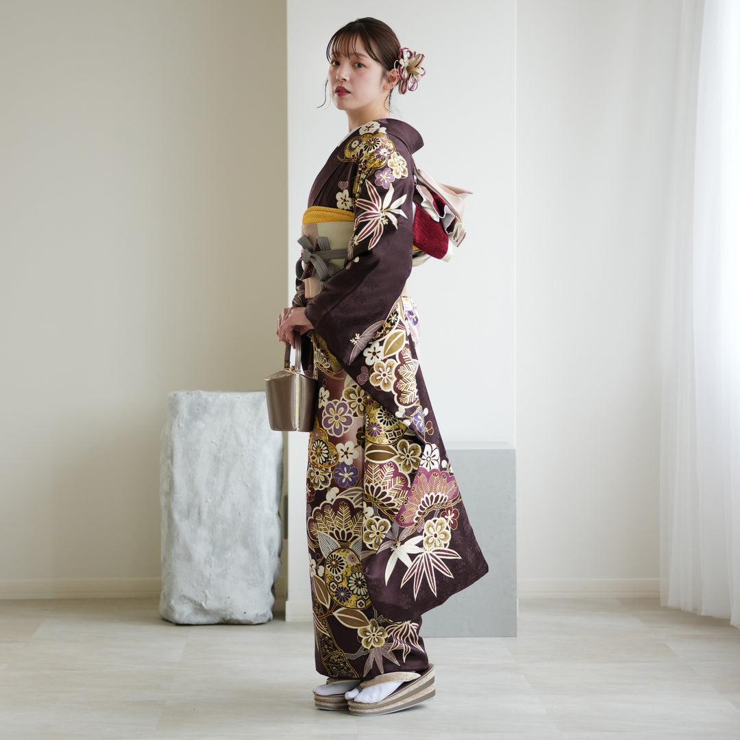 minori12　お振袖　袋帯　セット　黄×紫　乱菊　正絹　美品 楽天市場】振袖3点セット 渋濃オレンジ地吉祥華紋様 振袖 袋帯