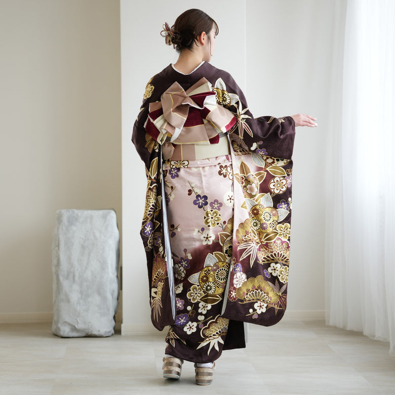 【レンタル】振袖 正絹着物+袋帯 21点セット 絵羽 特選・渋紫に華やか吉祥文様（1000626500）