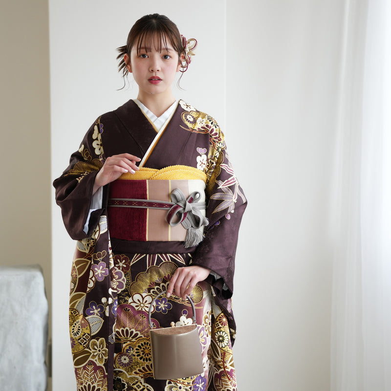 【レンタル】振袖 正絹着物+袋帯 21点セット 絵羽 特選・渋紫に華やか吉祥文様（1000626500）