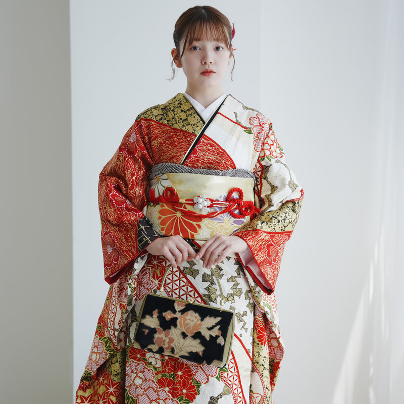 【レンタル】振袖 正絹着物+袋帯 21点セット 絵羽  特選・古典花づくし（1000626700）
