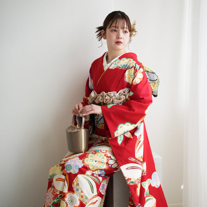 レンタル】振袖 正絹着物+袋帯 21点セット 絵羽 吉沢の友禅 特選・深緋