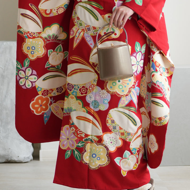 振袖着物　袋帯セット レンタル】振袖 正絹着物+袋帯 21点セット 絵羽 吉沢の友禅 特選・深緋
