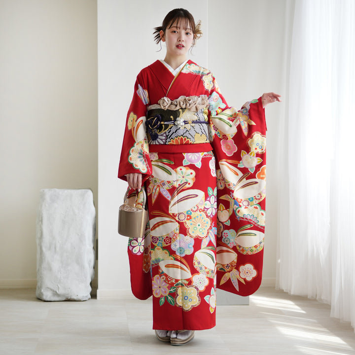 レンタル】振袖 正絹着物+袋帯 21点セット 絵羽 吉沢の友禅 特選・深緋