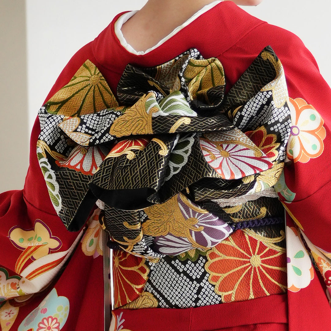 レンタル】振袖 正絹着物+袋帯 21点セット 絵羽 吉沢の友禅 特選・深緋