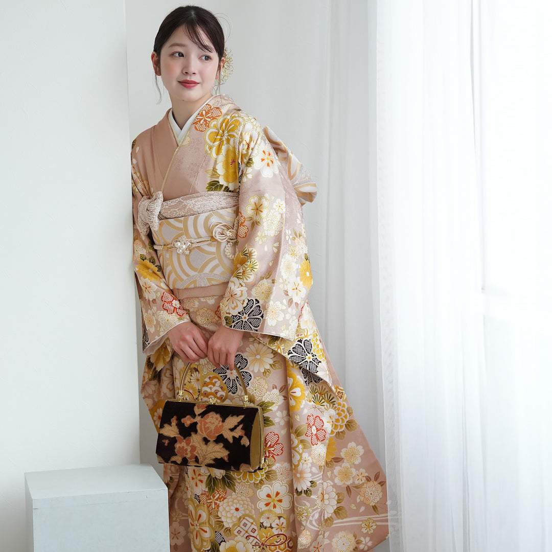 レンタル】振袖 正絹着物+袋帯 21点セット くすみピンクに古典花づくし