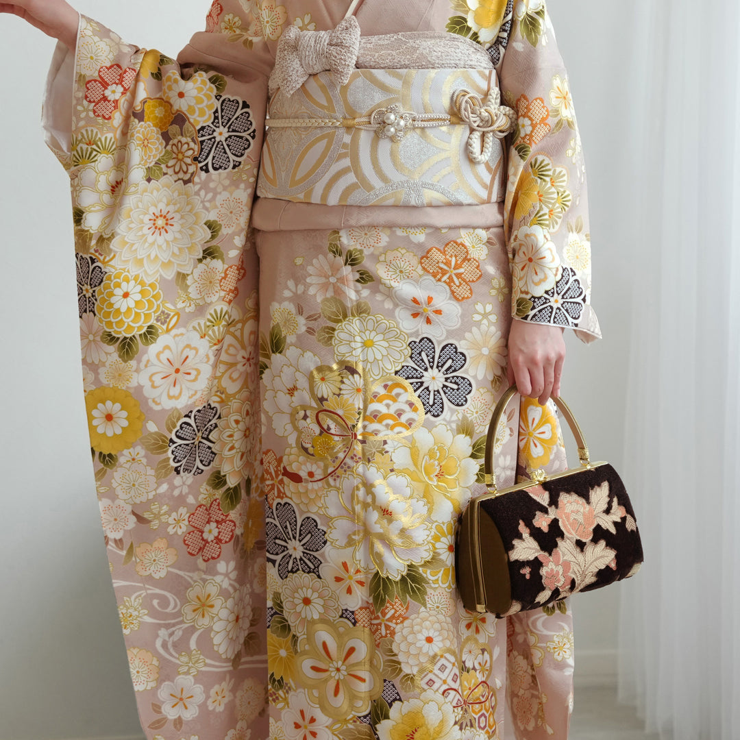 レンタル】振袖 正絹着物+袋帯 21点セット くすみピンクに古典花づくし