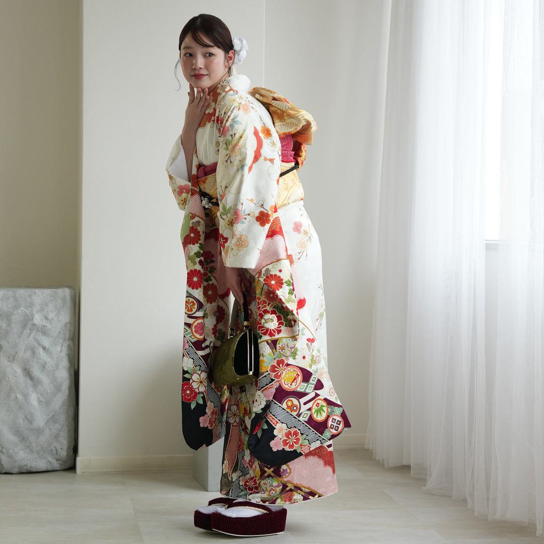 レンタル】振袖 正絹着物+袋帯 21点セット 白地に流れる古典四季花と