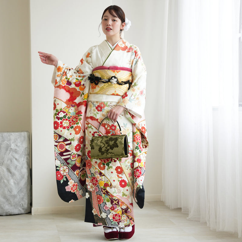 レンタル】振袖 正絹着物+袋帯 21点セット 白地に流れる古典四季花と 