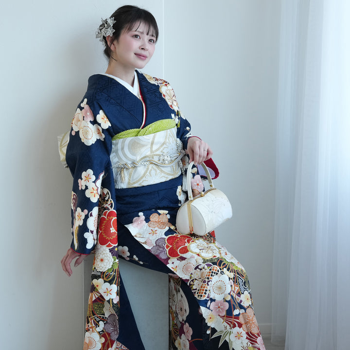 レンタル】振袖 正絹着物+袋帯 21点セット 紺地に梅レトロ 成人式や
