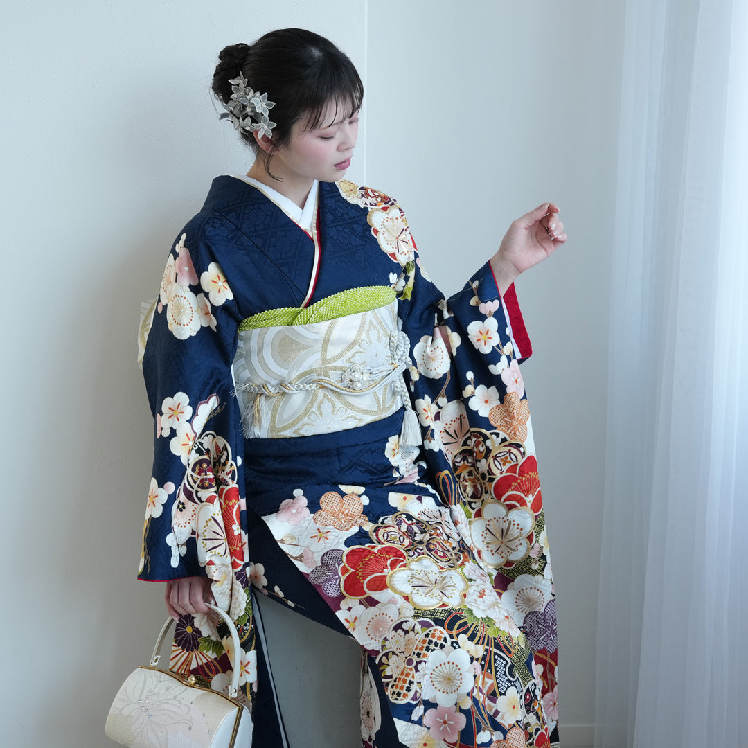 レンタル】振袖 正絹着物+袋帯 21点セット 紺地に梅レトロ 成人式や
