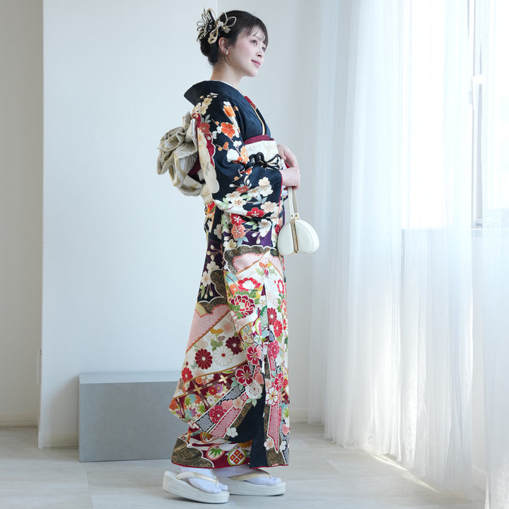 レンタル】振袖 正絹着物+袋帯 21点セット ダークネイビーに古典四季花