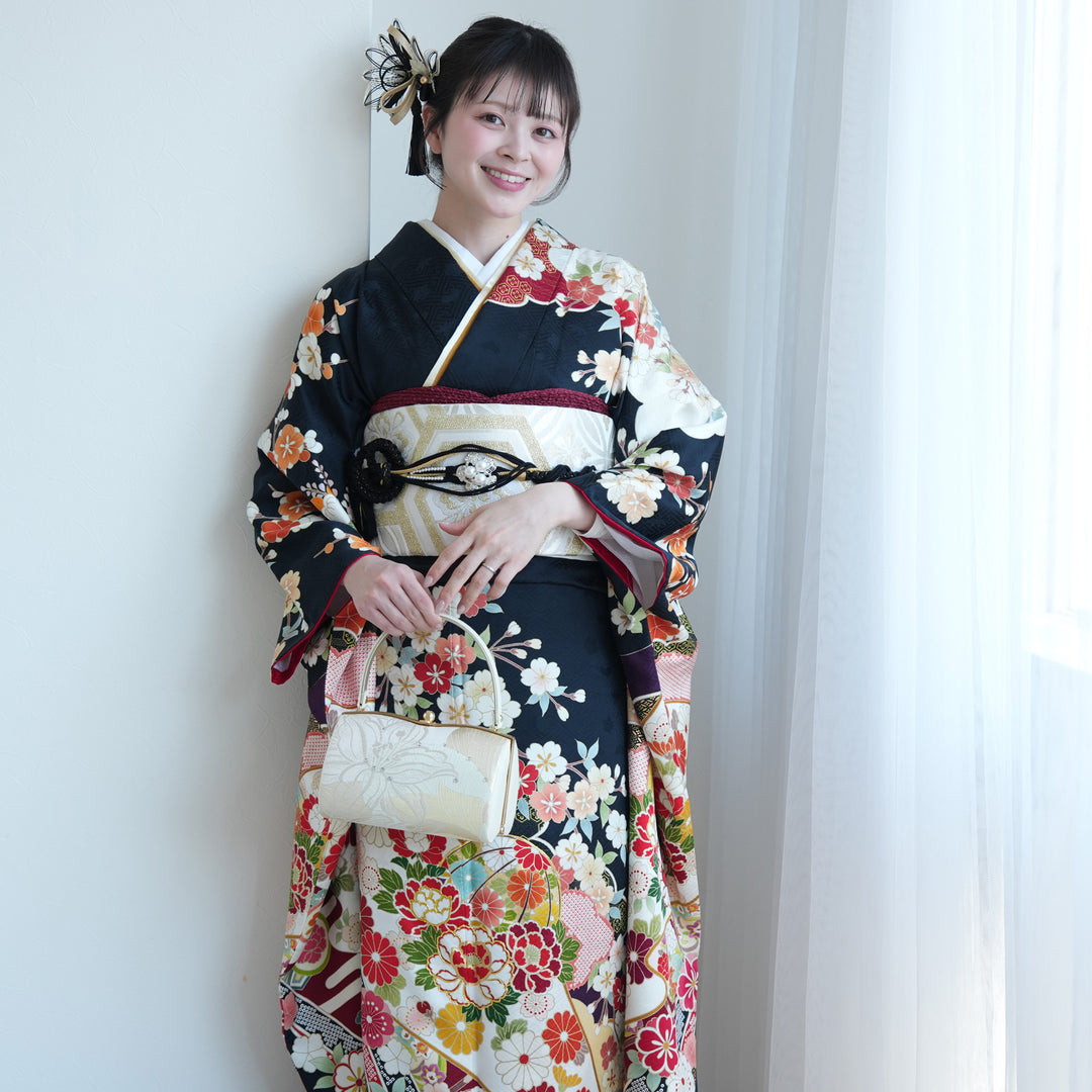 レンタル】振袖 正絹着物+袋帯 21点セット ダークネイビーに古典四季花