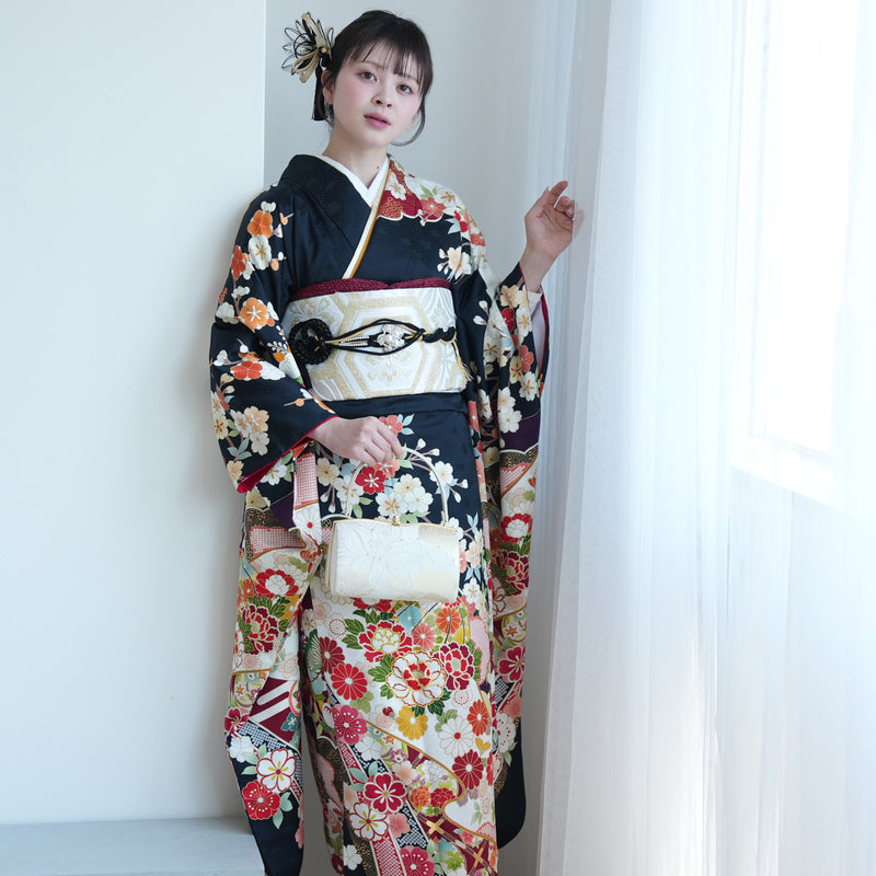 振袖 フルセット 紺 牡丹成人式 正絹 LLサイズ バッグ 草履 ショール 