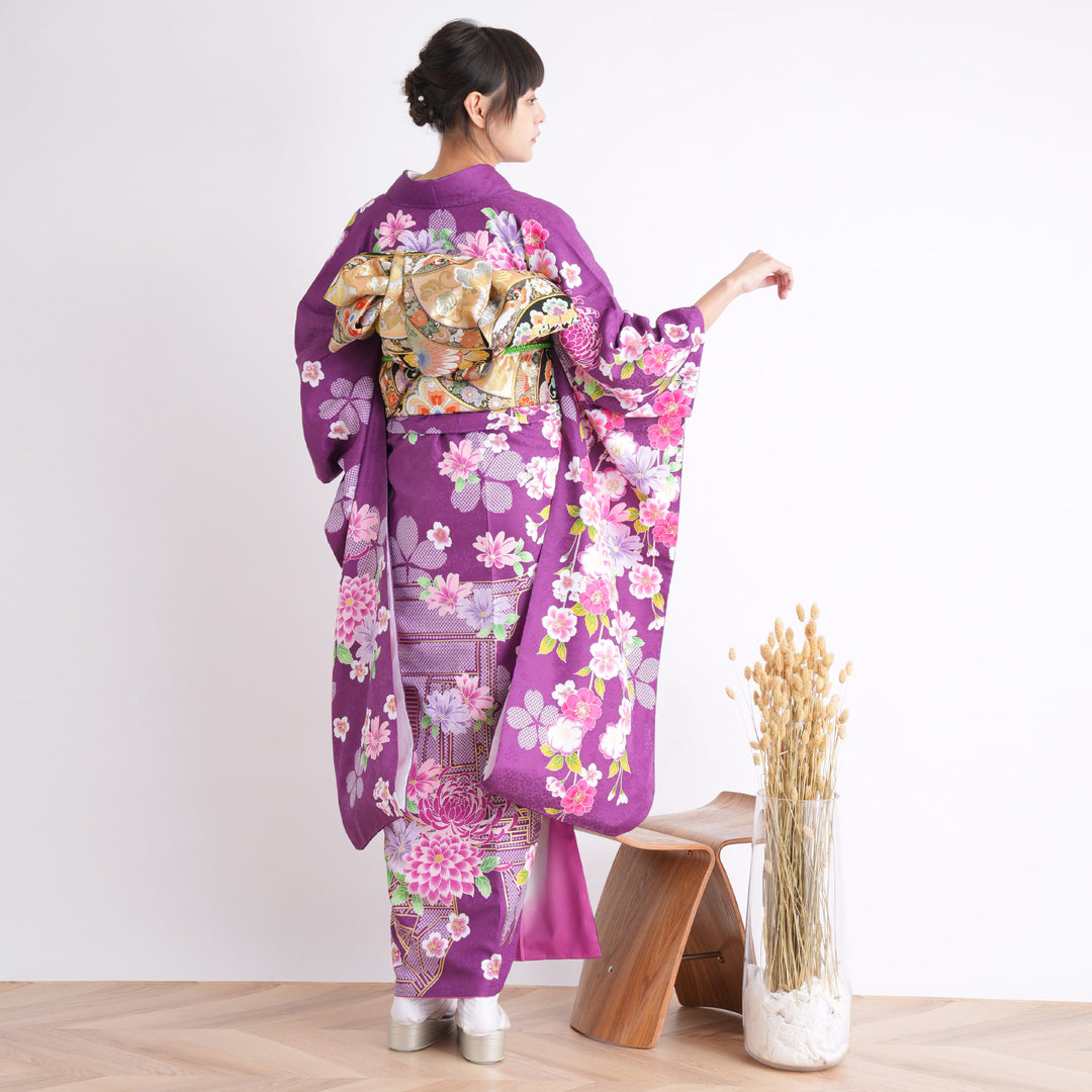 振袖着物リメイクワンピースとショールパープル 振袖着物リメイクワンピースとショールパープル