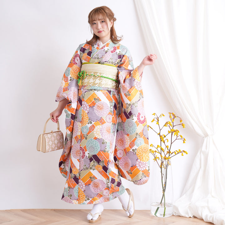 ひよこ商店＊新品＊くすみカラー薄紫の着物と白の帯の筥迫セット 楽天市場】浴衣 セット レディース 3点セット ( 浴衣 帯 下駄