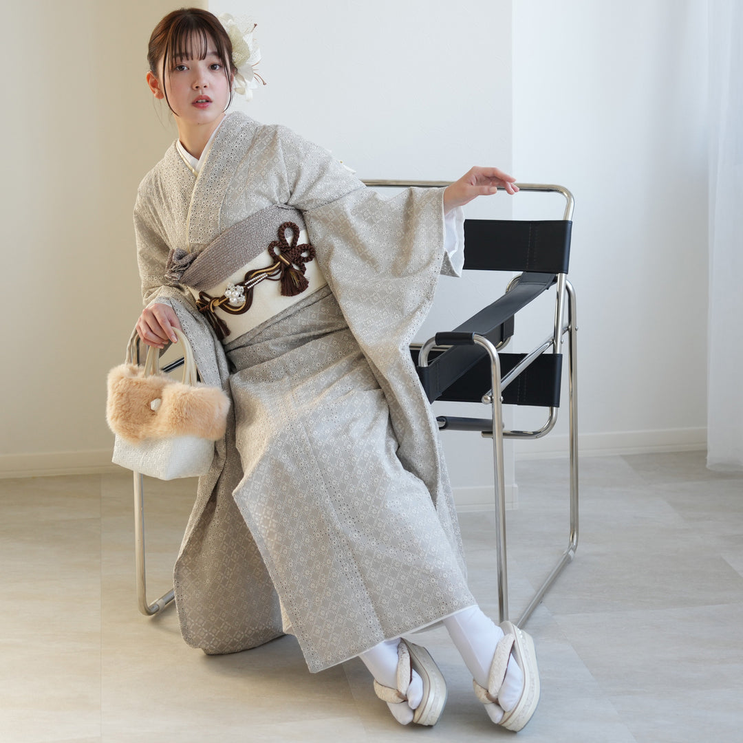 [momoさん]utatane ベージュ着物セット レンタル】振袖 utatane 日本製レース着物+西陣袋帯 着物セット 成人式