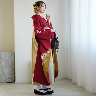 【レンタル】 袴 18点セット 振袖 袴91cm（身長153-158cm） ブーツ着用時165cmまで適応 正絹着物 卒業式 大学生 専門学生 フルセット レディース 往復送料無料 （1014600911）