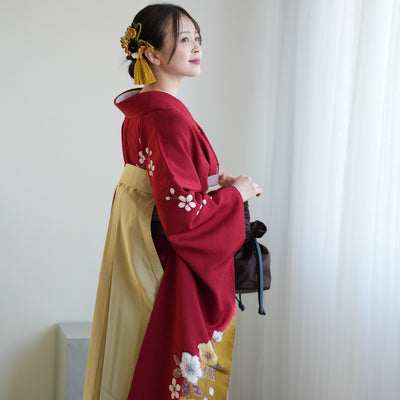 【レンタル】 袴 18点セット 振袖 袴91cm（身長153-158cm） ブーツ着用時165cmまで適応 正絹着物 卒業式 大学生 専門学生 フルセット レディース 往復送料無料 （1014600911）