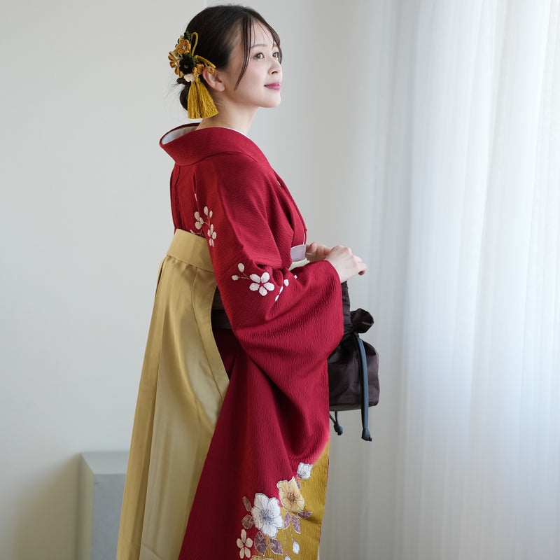 【レンタル】 袴 18点セット 振袖 袴91cm（身長153-158cm） ブーツ着用時165cmまで適応 正絹着物 卒業式 大学生 専門学生 フルセット レディース 往復送料無料 （1014600911）