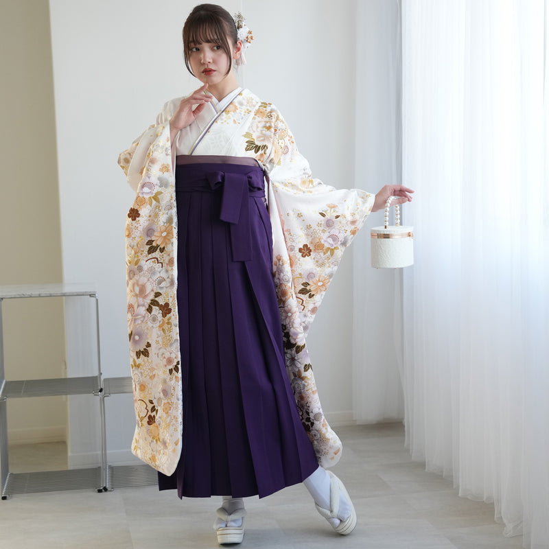 【レンタル】 袴 18点セット レトロホワイトに咲く浪漫桜 正絹振袖着物 袴91cm（身長153-158cm） ブーツ着用時165cmまで適応  卒業式 大学生にも（1014651011）