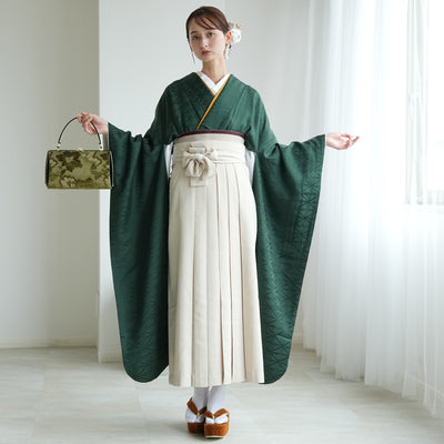 【レンタル】 袴 18点セット 暗緑の鶴菱紋 正絹振袖着物 袴91cm（身長153-158cm） ブーツ着用時165cmまで適応  卒業式 大学生にも（1014651211）