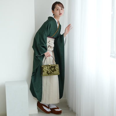 【レンタル】 袴 18点セット 暗緑の鶴菱紋 正絹振袖着物 袴91cm（身長153-158cm） ブーツ着用時165cmまで適応  卒業式 大学生にも（1014651211）