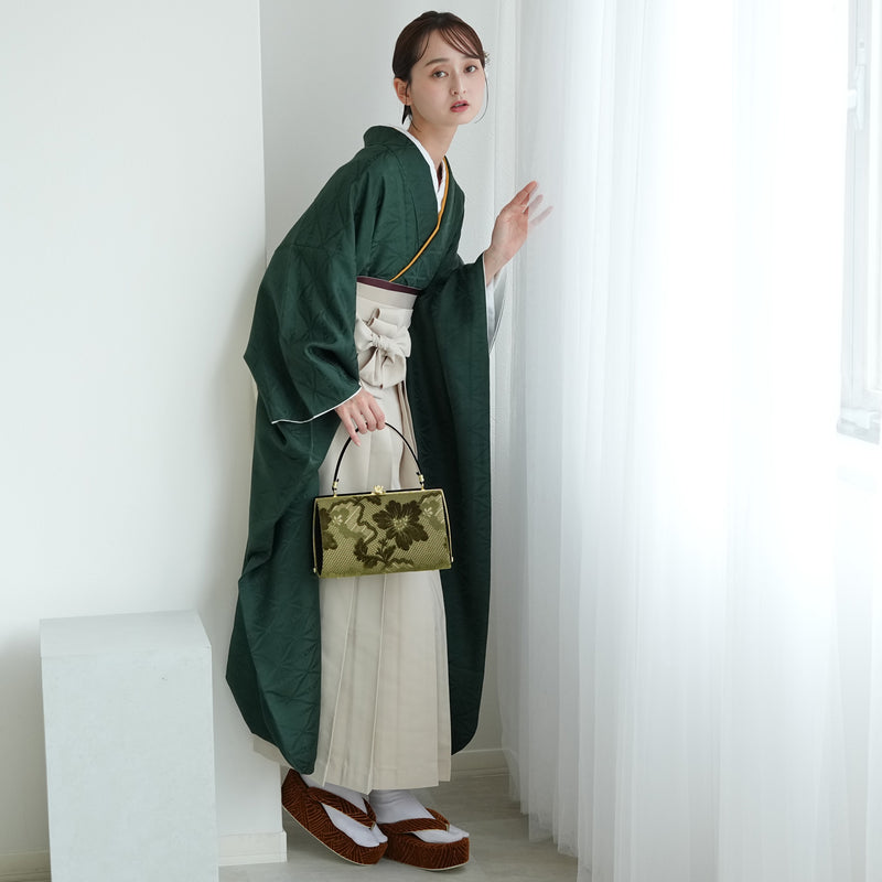 【レンタル】 袴 18点セット 暗緑の鶴菱紋 正絹振袖着物 袴91cm（身長153-158cm） ブーツ着用時165cmまで適応  卒業式 大学生にも（1014651211）