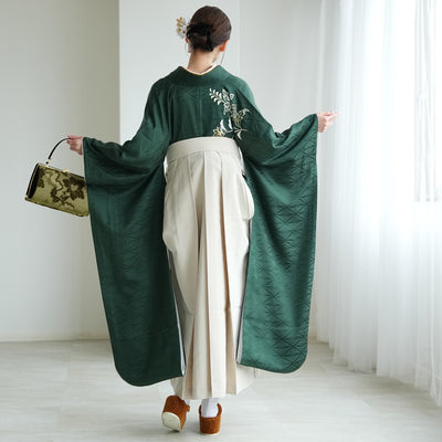 【レンタル】 袴 18点セット 暗緑の鶴菱紋 正絹振袖着物 袴91cm（身長153-158cm） ブーツ着用時165cmまで適応  卒業式 大学生にも（1014651211）