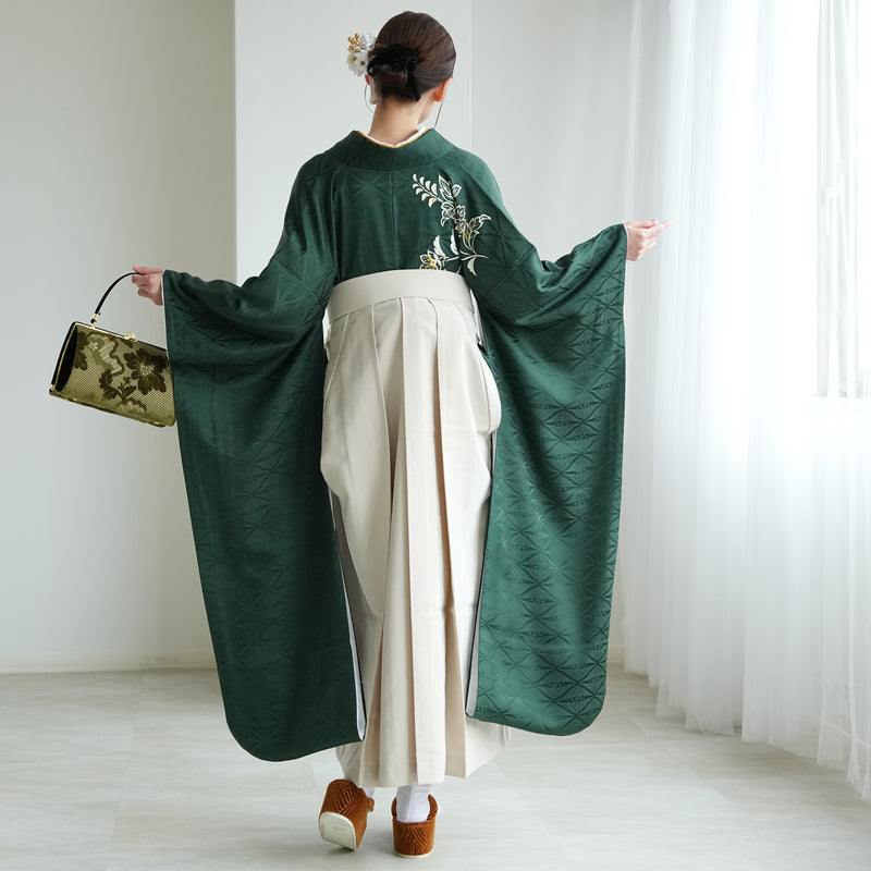 【レンタル】 袴 18点セット 暗緑の鶴菱紋 正絹振袖着物 袴91cm（身長153-158cm） ブーツ着用時165cmまで適応  卒業式 大学生にも（1014651211）