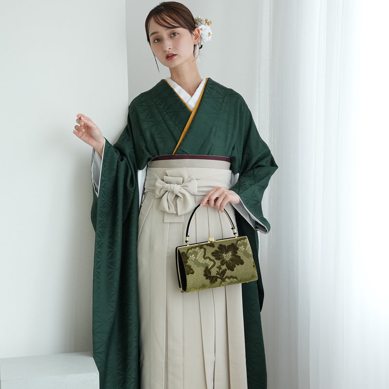 【レンタル】 袴 18点セット 暗緑の鶴菱紋 正絹振袖着物 袴91cm（身長153-158cm） ブーツ着用時165cmまで適応  卒業式 大学生にも（1014651211）