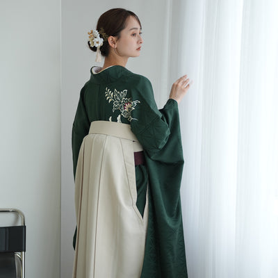 【レンタル】 袴 18点セット 暗緑の鶴菱紋 正絹振袖着物 袴91cm（身長153-158cm） ブーツ着用時165cmまで適応  卒業式 大学生にも（1014651211）