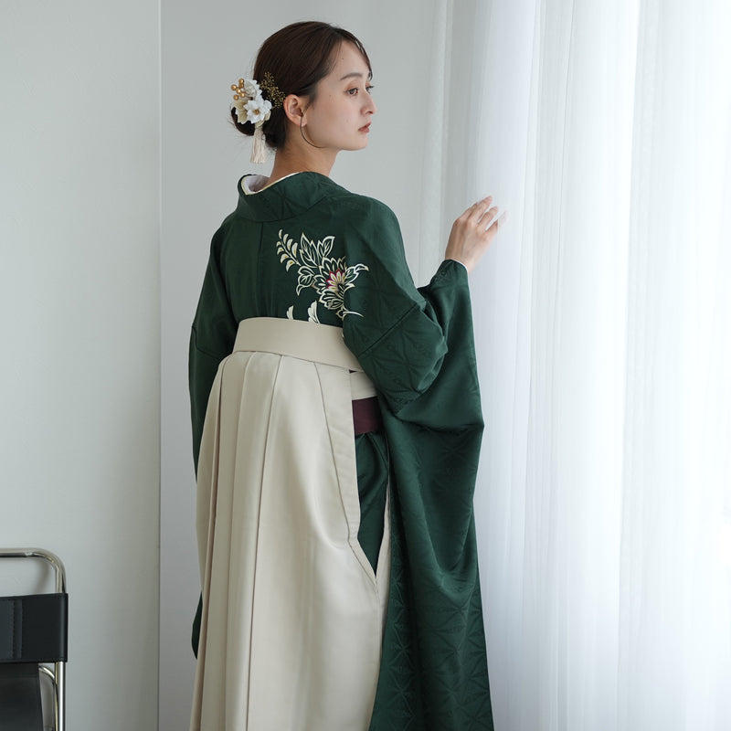 【レンタル】 袴 18点セット 暗緑の鶴菱紋 正絹振袖着物 袴91cm（身長153-158cm） ブーツ着用時165cmまで適応  卒業式 大学生にも（1014651211）