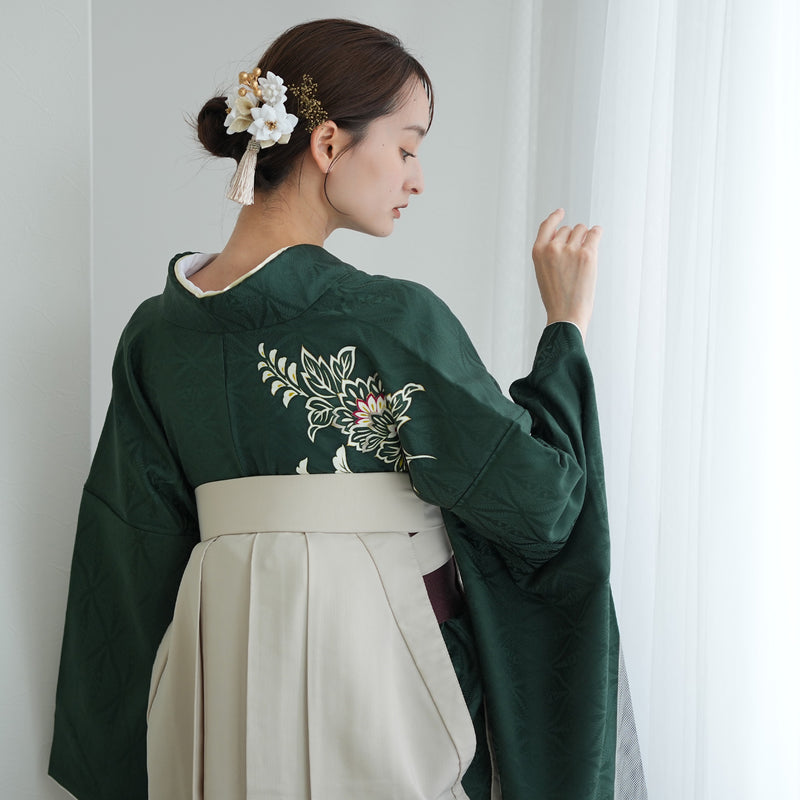 【レンタル】 袴 18点セット 暗緑の鶴菱紋 正絹振袖着物 袴91cm（身長153-158cm） ブーツ着用時165cmまで適応  卒業式 大学生にも（1014651211）