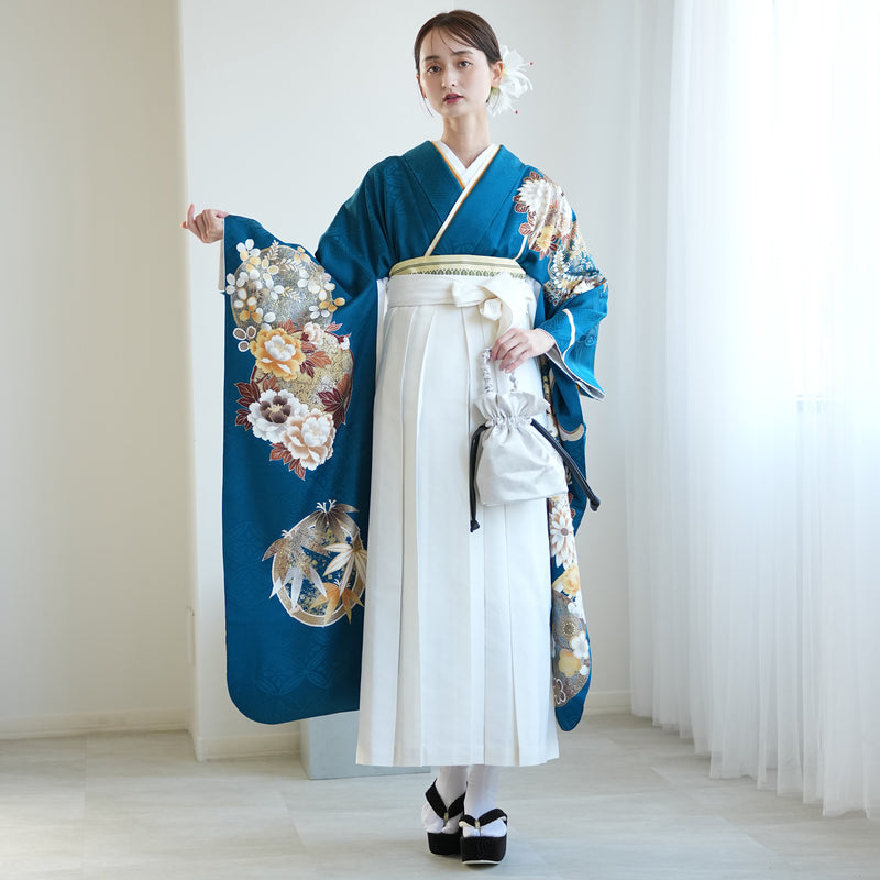 【レンタル】 袴 18点セット 紺碧に金彩古典柄 正絹振袖着物 袴91cm（身長153-158cm） ブーツ着用時165cmまで適応  卒業式 大学生にも（1014651311）