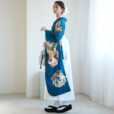 【レンタル】 袴 18点セット 紺碧に金彩古典柄 正絹振袖着物 袴91cm（身長153-158cm） ブーツ着用時165cmまで適応  卒業式 大学生にも（1014651311）