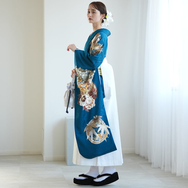 【レンタル】 袴 18点セット 紺碧に金彩古典柄 正絹振袖着物 袴91cm（身長153-158cm） ブーツ着用時165cmまで適応  卒業式 大学生にも（1014651311）