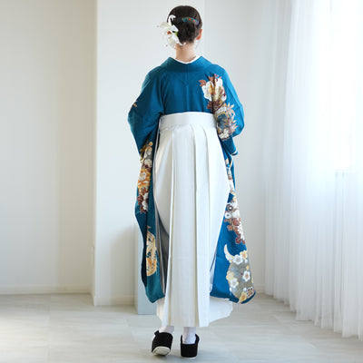 【レンタル】 袴 18点セット 紺碧に金彩古典柄 正絹振袖着物 袴91cm（身長153-158cm） ブーツ着用時165cmまで適応  卒業式 大学生にも（1014651311）