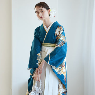 【レンタル】 袴 18点セット 紺碧に金彩古典柄 正絹振袖着物 袴91cm（身長153-158cm） ブーツ着用時165cmまで適応  卒業式 大学生にも（1014651311）