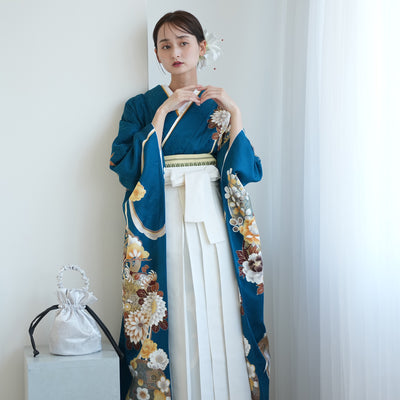 【レンタル】 袴 18点セット 紺碧に金彩古典柄 正絹振袖着物 袴91cm（身長153-158cm） ブーツ着用時165cmまで適応  卒業式 大学生にも（1014651311）