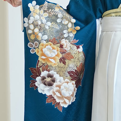 【レンタル】 袴 18点セット 紺碧に金彩古典柄 正絹振袖着物 袴91cm（身長153-158cm） ブーツ着用時165cmまで適応  卒業式 大学生にも（1014651311）