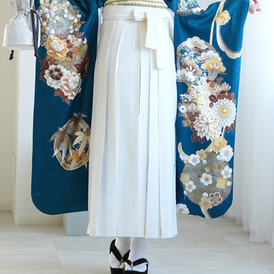 【レンタル】 袴 18点セット 紺碧に金彩古典柄 正絹振袖着物 袴91cm（身長153-158cm） ブーツ着用時165cmまで適応  卒業式 大学生にも（1014651311）