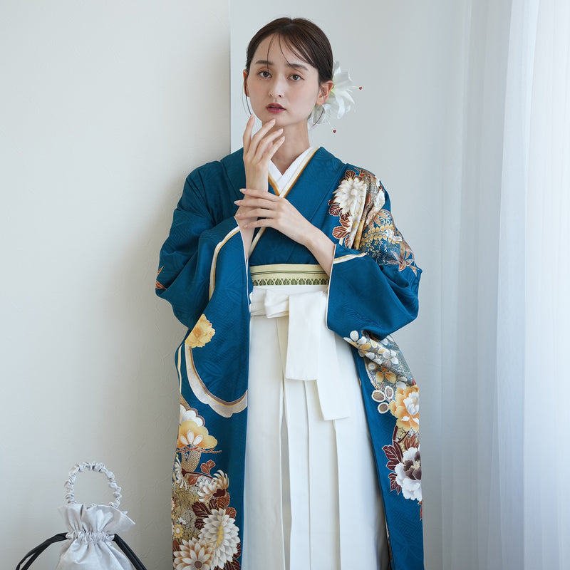 【レンタル】 袴 18点セット 紺碧に金彩古典柄 正絹振袖着物 袴91cm（身長153-158cm） ブーツ着用時165cmまで適応  卒業式 大学生にも（1014651311）