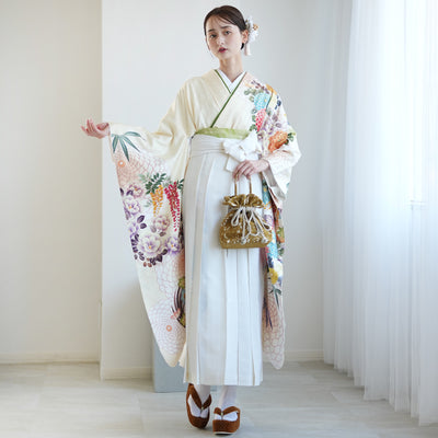 【レンタル】 袴 18点セット クリームに大きな丸菊と藤 正絹振袖着物 袴91cm（身長153-158cm） ブーツ着用時165cmまで適応  卒業式 大学生にも（1014651511）