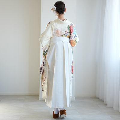 【レンタル】 袴 18点セット クリームに大きな丸菊と藤 正絹振袖着物 袴91cm（身長153-158cm） ブーツ着用時165cmまで適応  卒業式 大学生にも（1014651511）