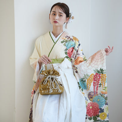 【レンタル】 袴 18点セット クリームに大きな丸菊と藤 正絹振袖着物 袴91cm（身長153-158cm） ブーツ着用時165cmまで適応  卒業式 大学生にも（1014651511）