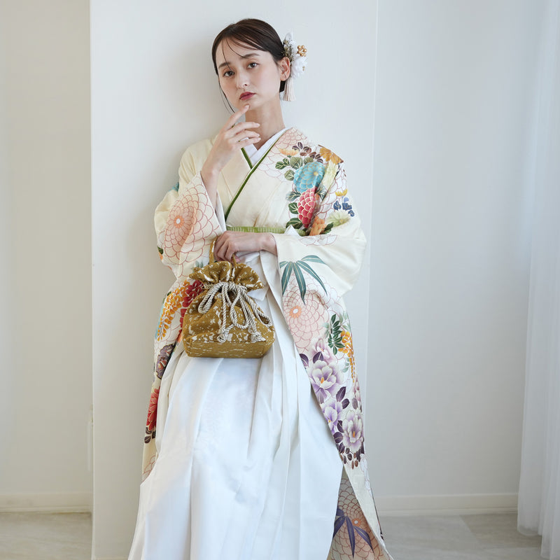 【レンタル】 袴 18点セット クリームに大きな丸菊と藤 正絹振袖着物 袴91cm（身長153-158cm） ブーツ着用時165cmまで適応  卒業式 大学生にも（1014651511）