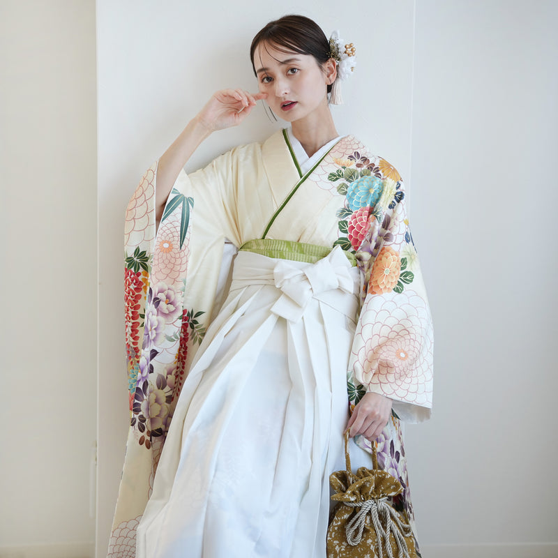 【レンタル】 袴 18点セット クリームに大きな丸菊と藤 正絹振袖着物 袴91cm（身長153-158cm） ブーツ着用時165cmまで適応  卒業式 大学生にも（1014651511）